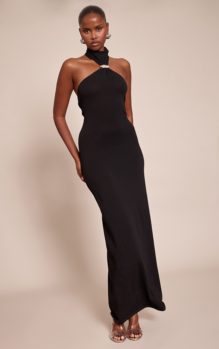 Black Trim Halter Neck Knitted Maxi Dress image 1