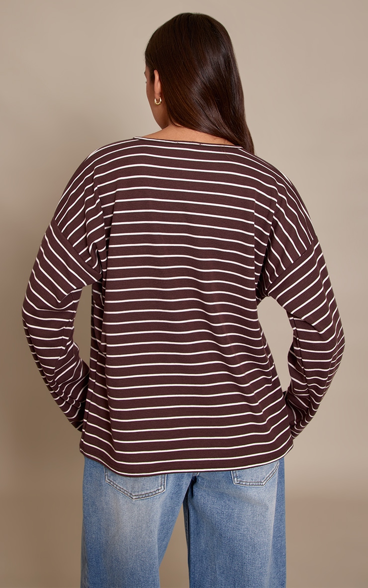 Chocolate Striped Button Down Detail Oversized Long Sleeve Top image 2