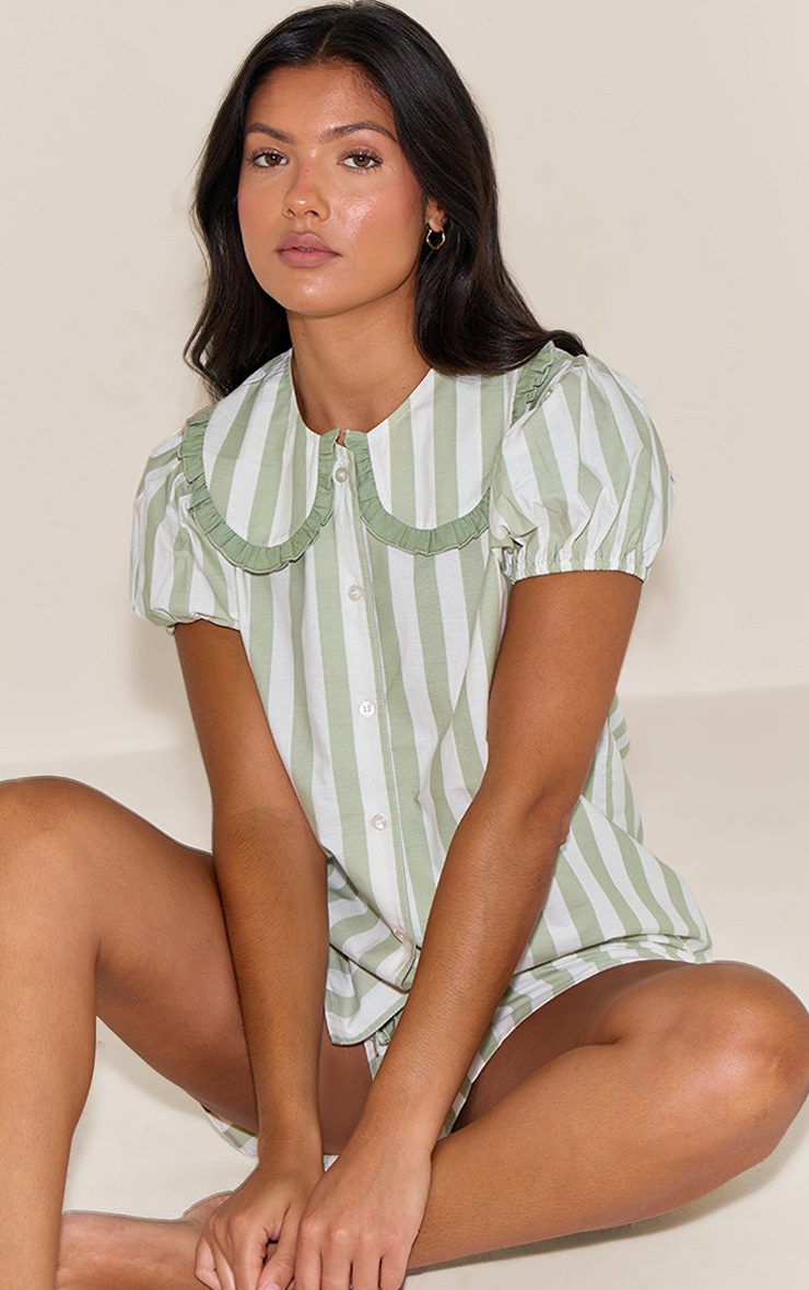 Sage Green Frill Collar Detail Stripe Short Pj Set image 1