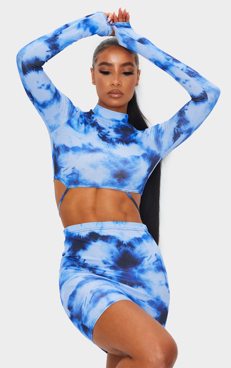 Blue Tie Dye Ribbed Strappy Cut Out Tie Detail Bodycon Dress