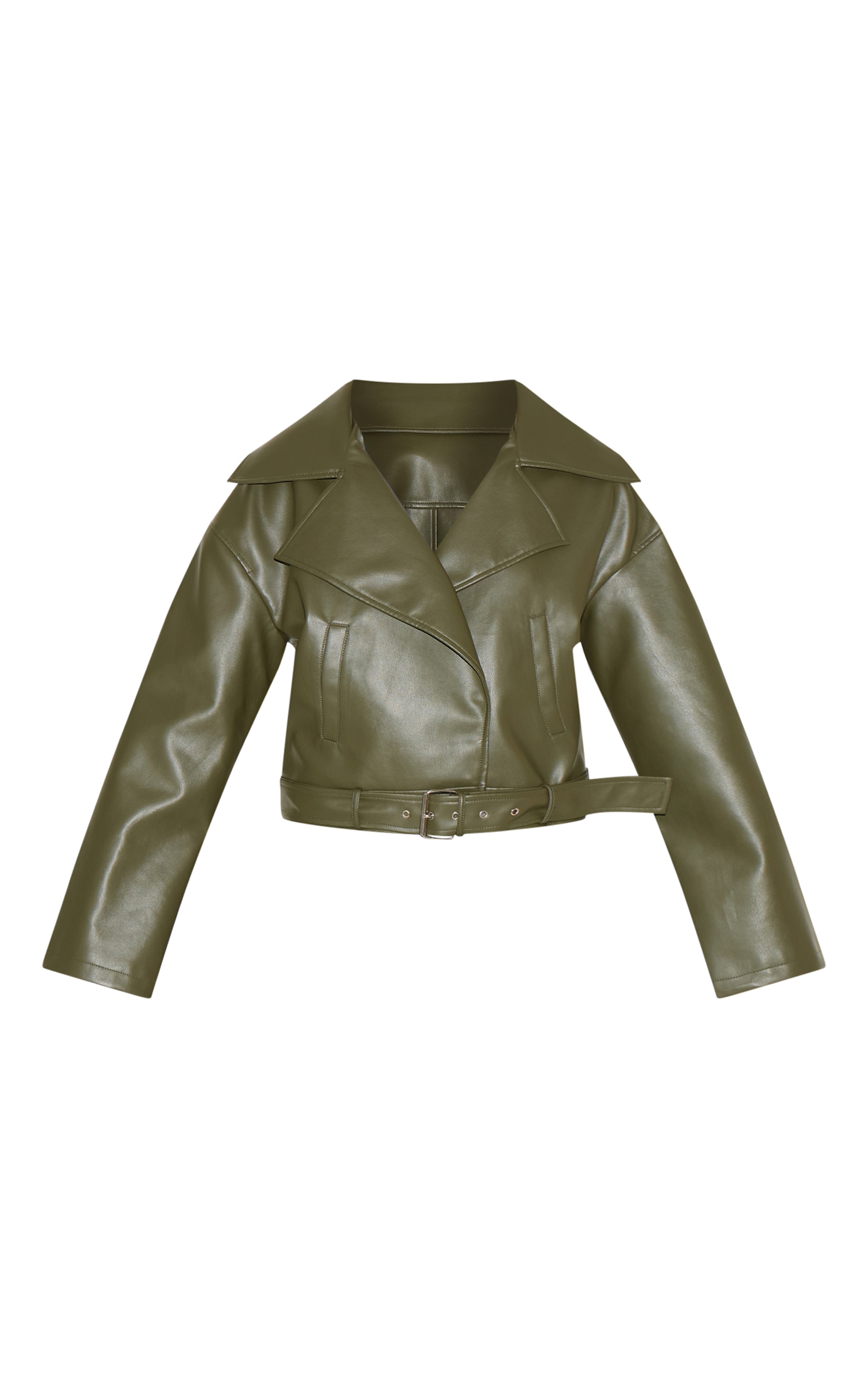 Dark Khaki Faux Leather Belted Relaxed Fit Biker Jacket image 5