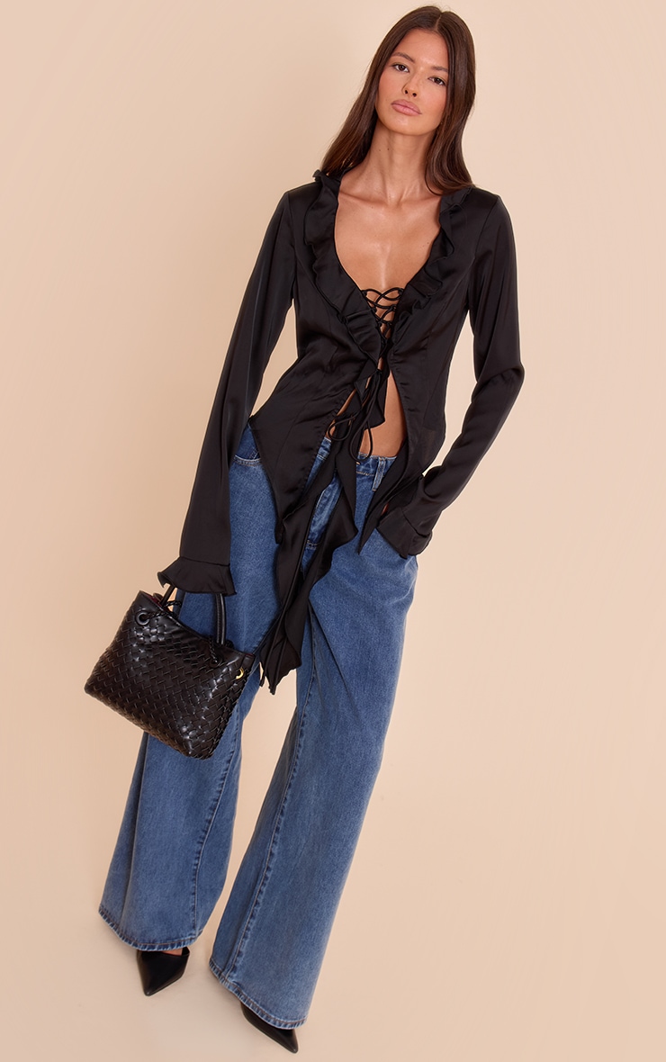 Black Satin Frill Tie Front Long Sleeve Top image 3