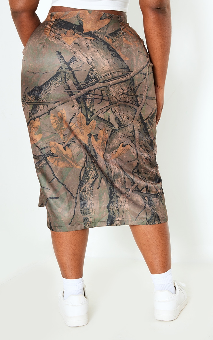 Plus Khaki Camo Printed Cargo Midi Skirt image 3