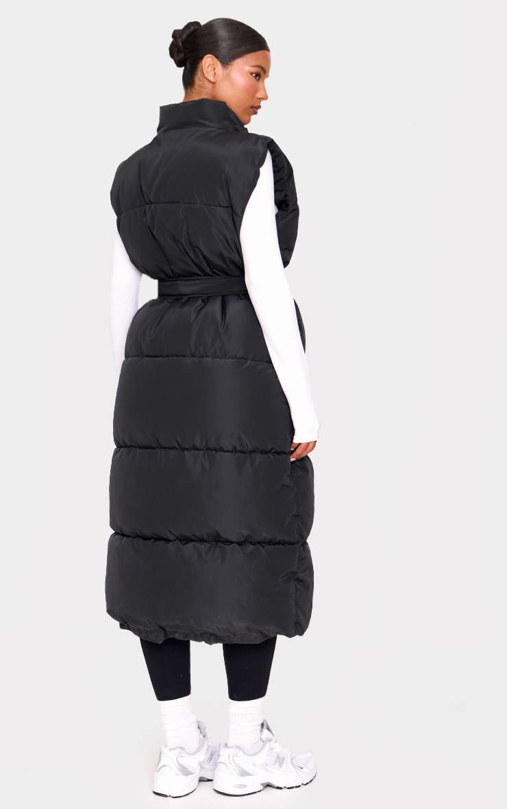 Black Quilted Longline Tie Waist Gilet image 2