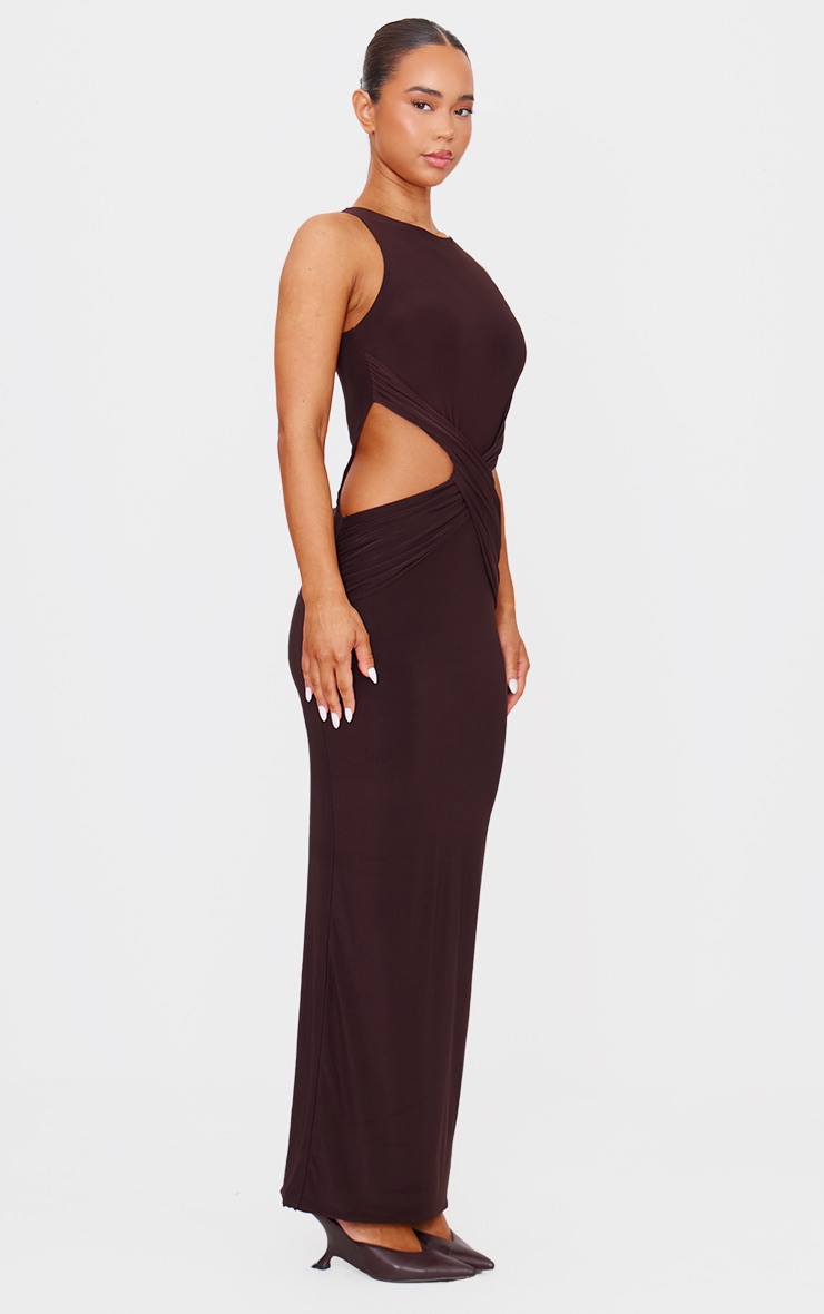 Robe longue moulante doublée chocolat à torsade devant image 3