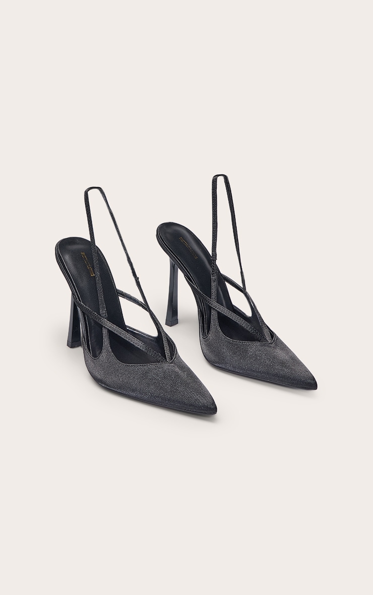 PLT Label Black Satin Sling Back Strappy Stiletto Heel Court image 2
