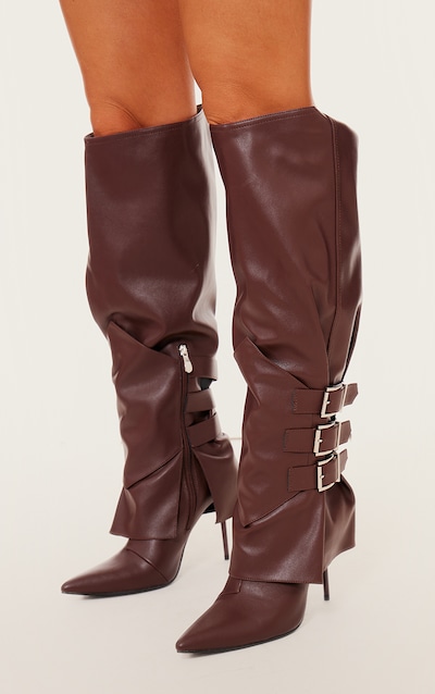 Chocolate PU Buckle Detail High Stiletto Heel Knee High Boots