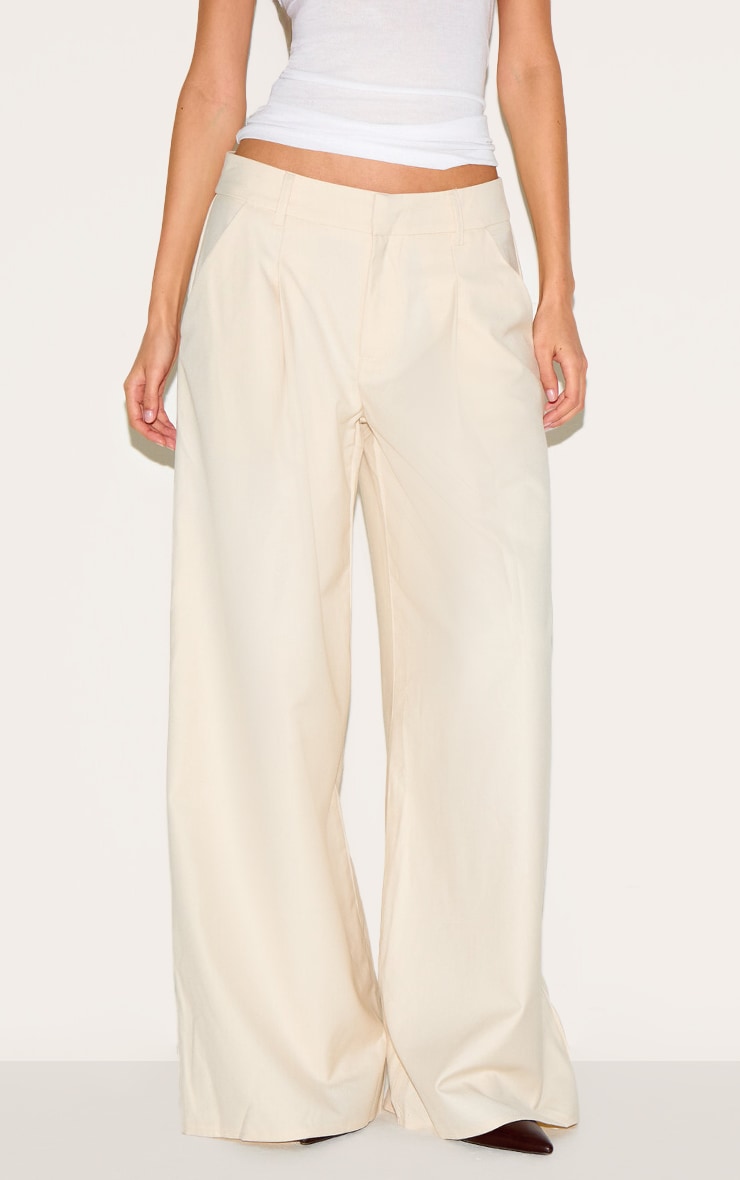 Cream Woven Double Pleat Wide Leg Pants image 1