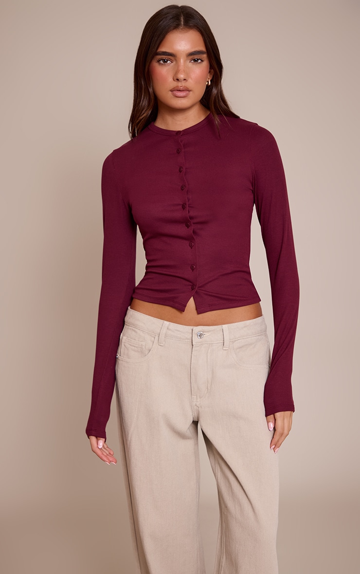 Wine Soft Rib Button Down Long Sleeve Top