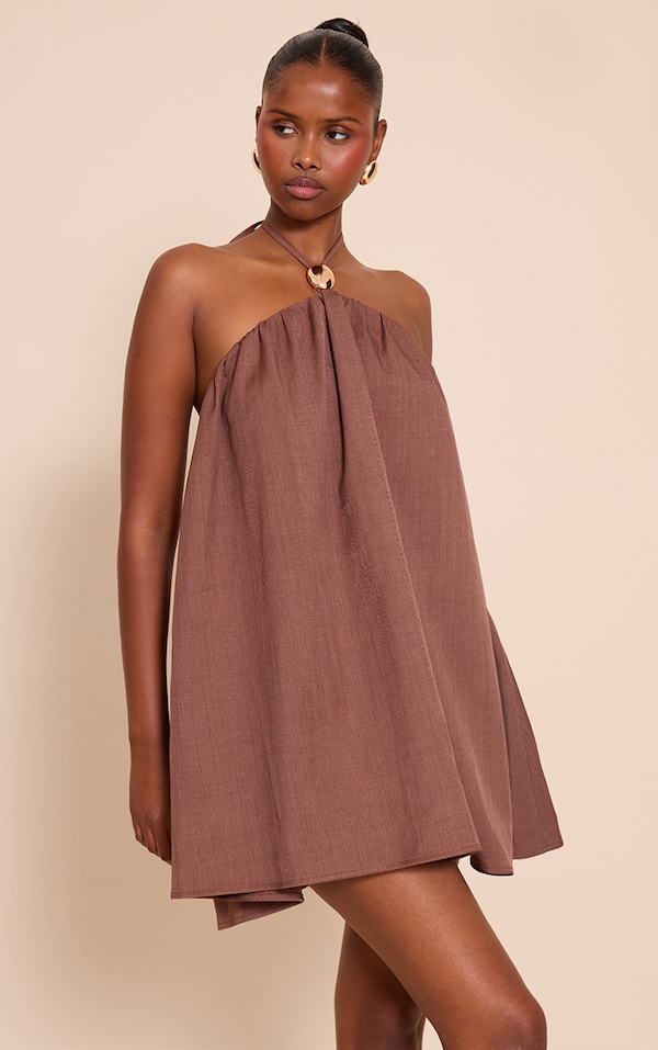 Robe babydoll marron à dos nu et empiècement