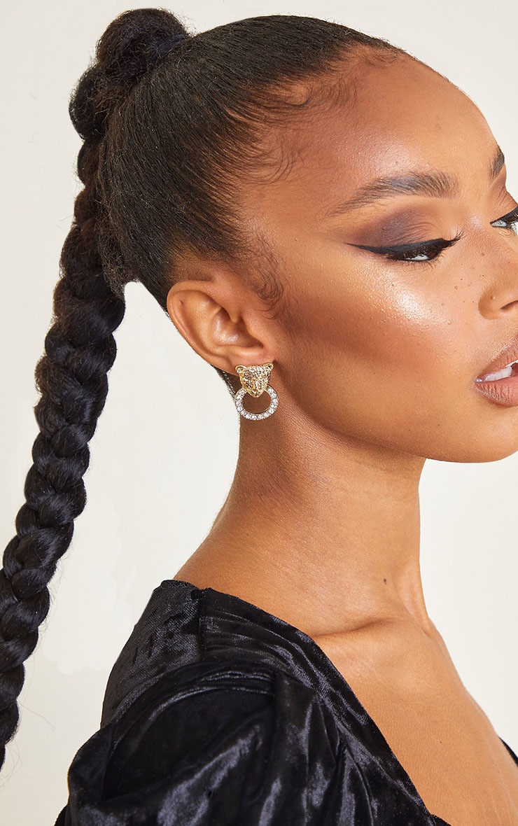 Gold Lion Circular Diamante Statement Earrings