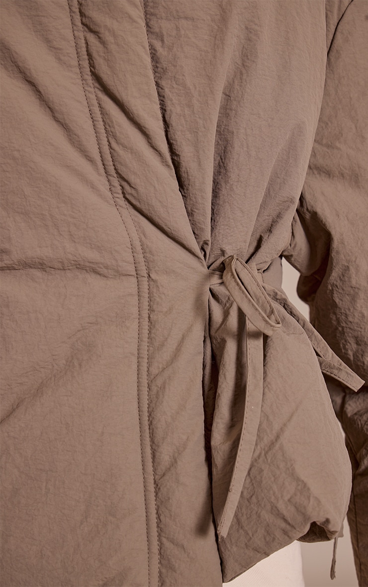 Washed Khaki High Neck Tie Waist Quilted Jacket