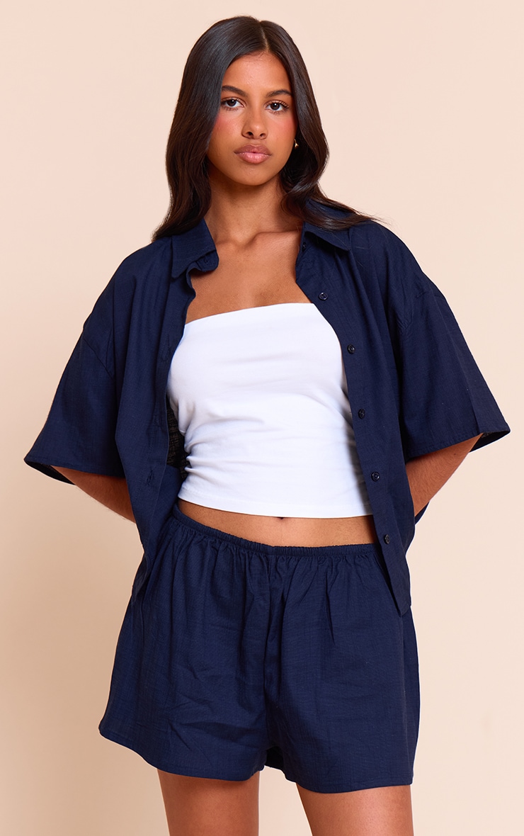 Petite Navy Linen Look Short Sleeve Shirt image 1