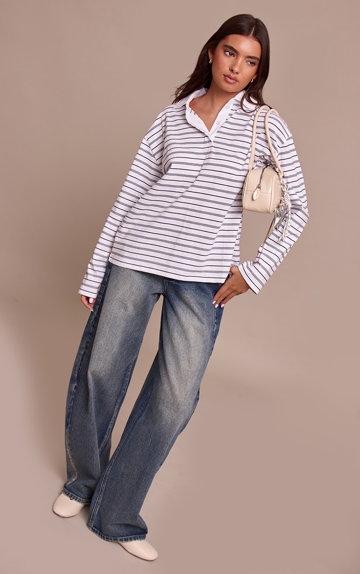 Monochrome Stripe Cotton Polo Collar Long Sleeve Top image 3