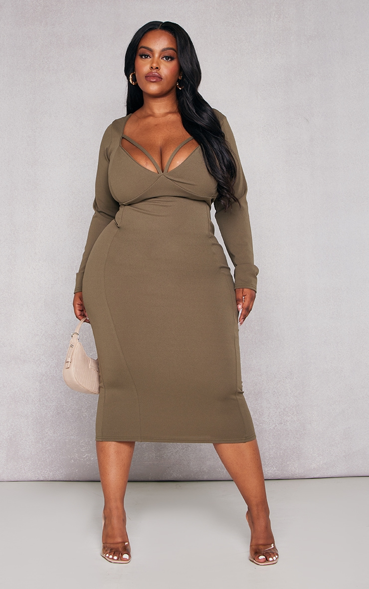  Plus Olive Strap Detail Longsleeve Midi Dress image 1
