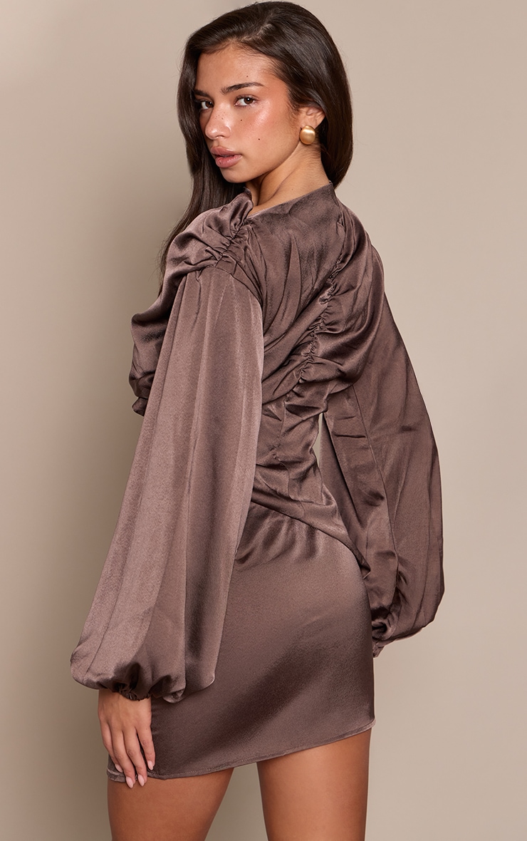 Chocolate Satin Cut Out Long Sleeve Mini Shift Dress image 2