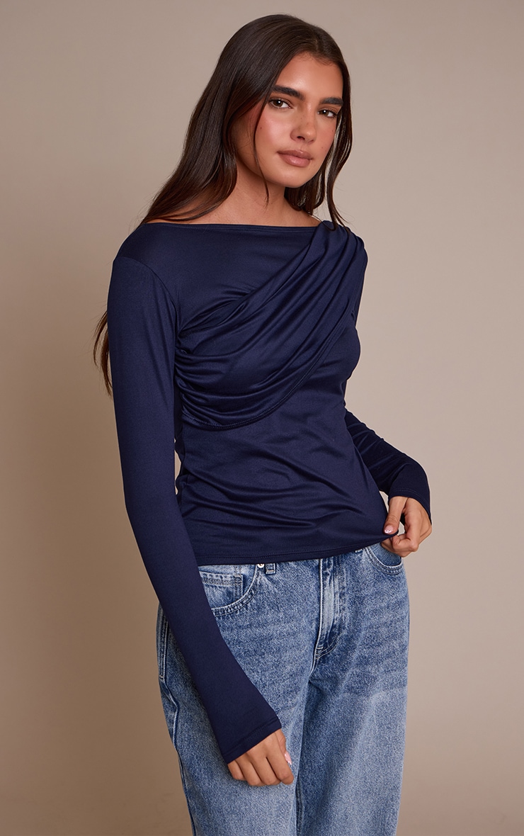Navy Soft Touch Drape Detail Long Sleeve Top  image 1