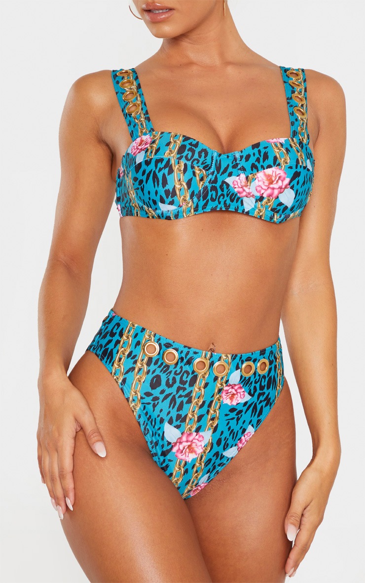 Blue Chain Print Eyelet High Leg High Waist Bikini Bottom