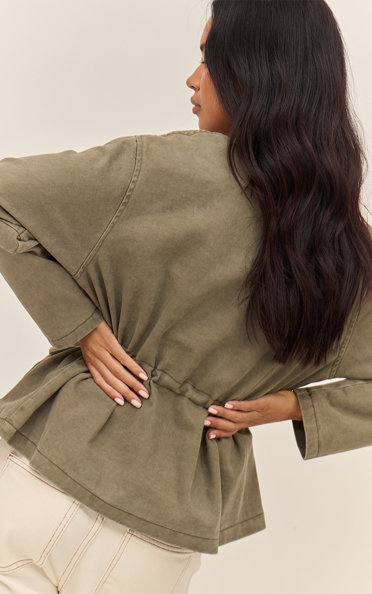 Olive Round Neck Pocket Front Cinch Denim Jacket image 2