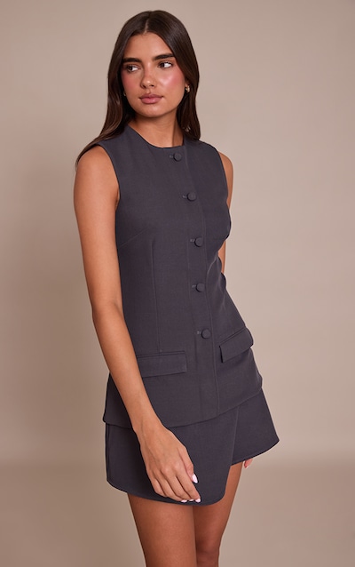 Navy Button Down Detail Asymmetric Hem Shift Dress