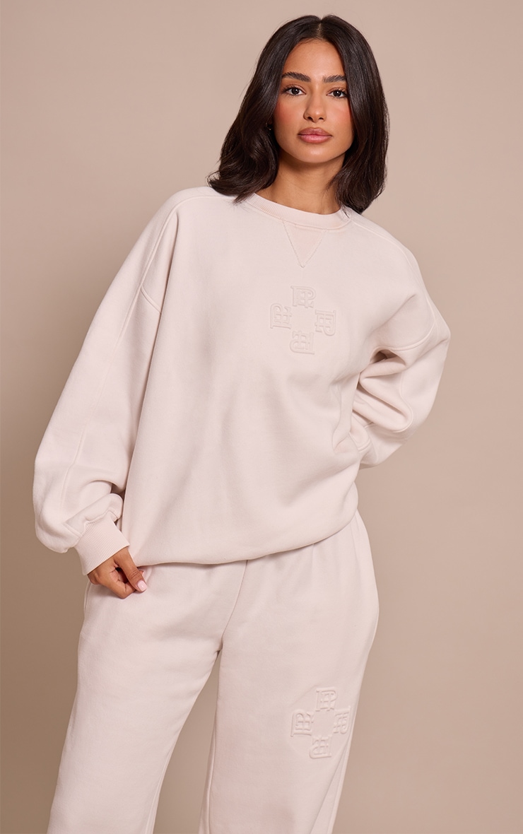 Petite Cream PLT Embossed Crew Neck Sweatshirt Petite PLT KSA
