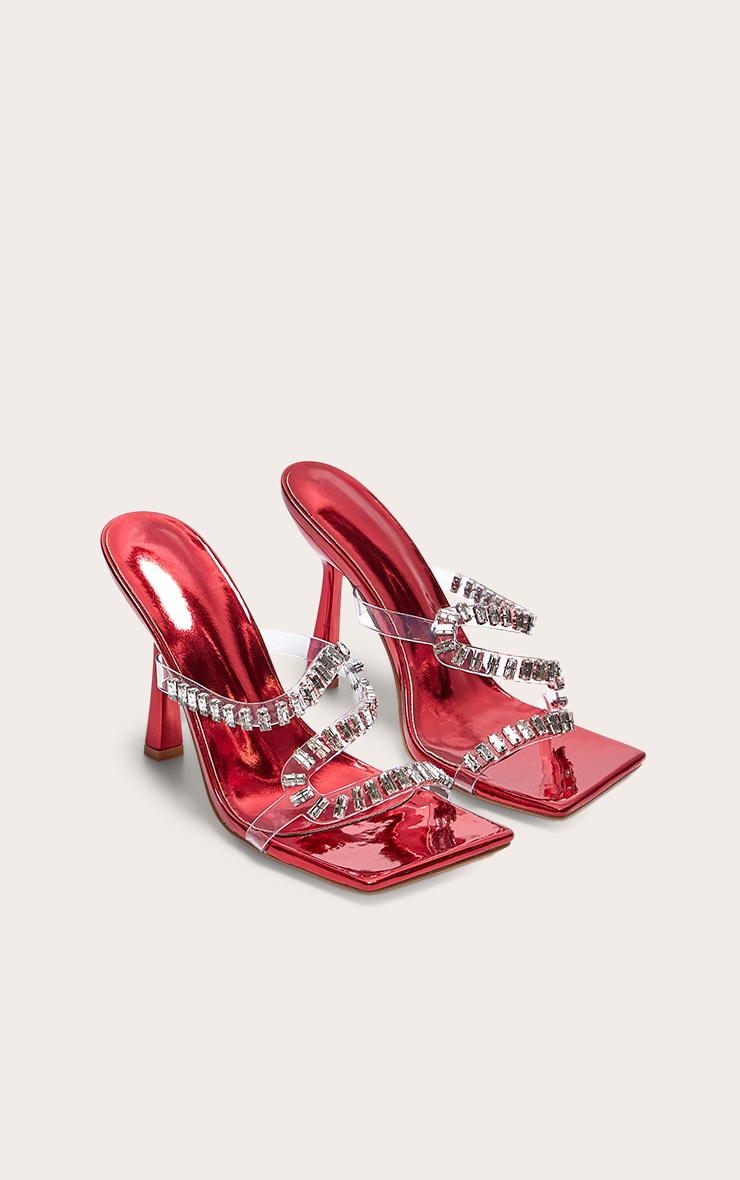 Red PU Wide Fit Metallic Square Toe Diamante Strap Heeled Mules image 2