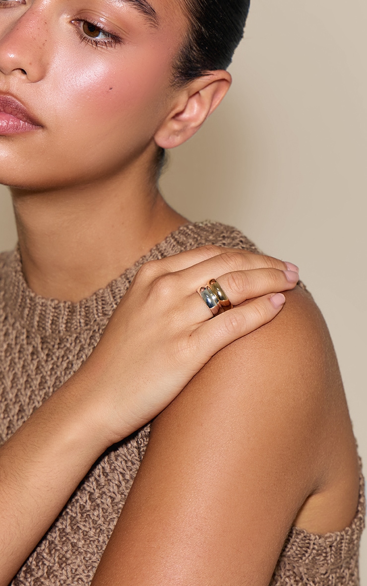Two Tone Gold and Silver Smooth Double Chunky Ring image 1