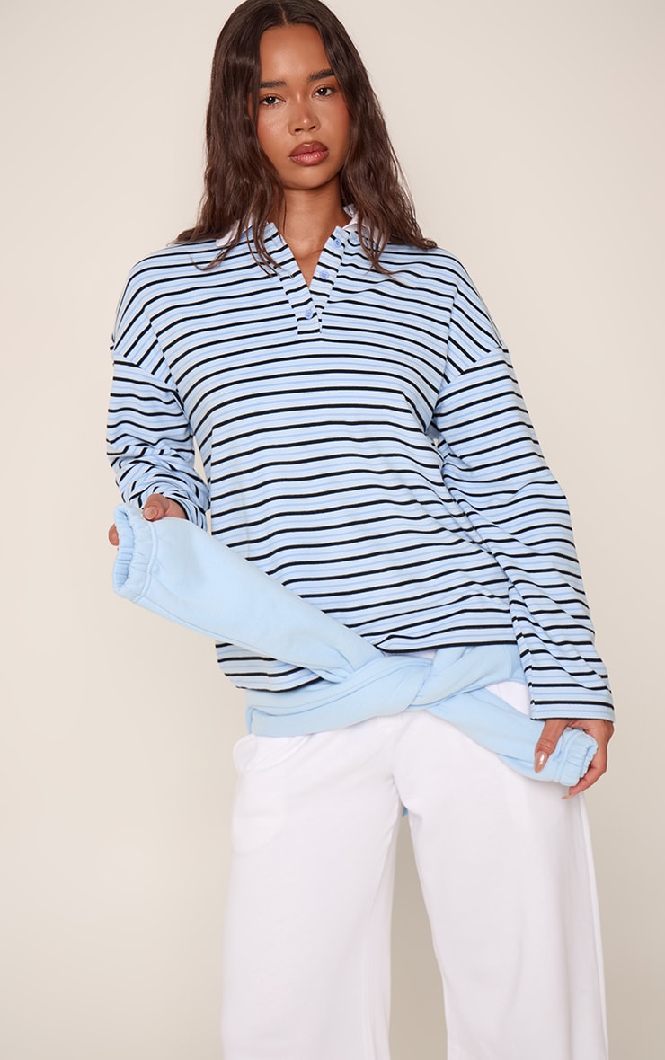 Blue Soft Striped Fleece Polo Tshirt
