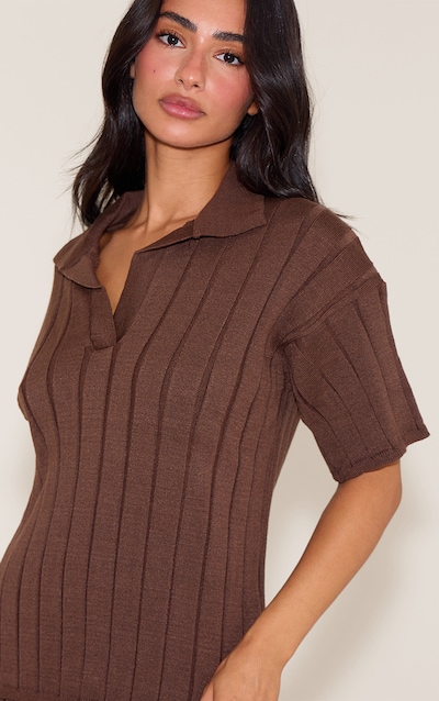 Petite Chocolate Rib Knit Oversized Polo Top