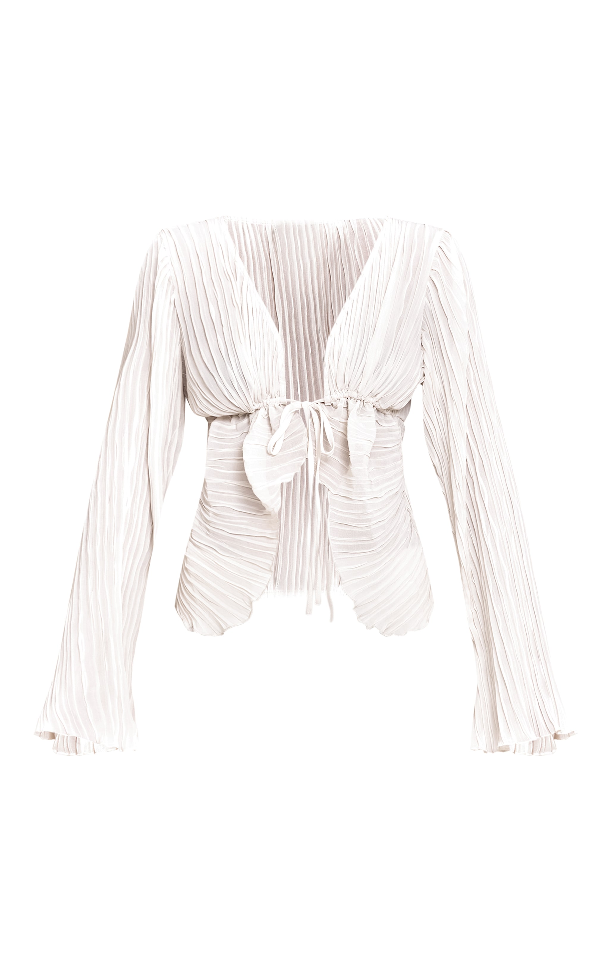 Cream Sheer Plisse Tie Front Flute Sleeve Blouse image 5