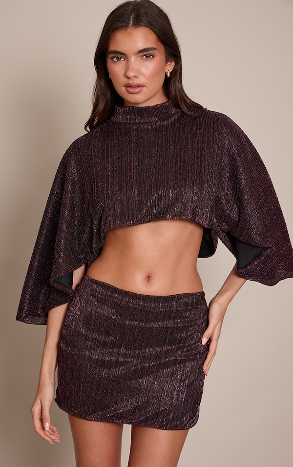Plum Glitter Textured Foldover Mini Skirt