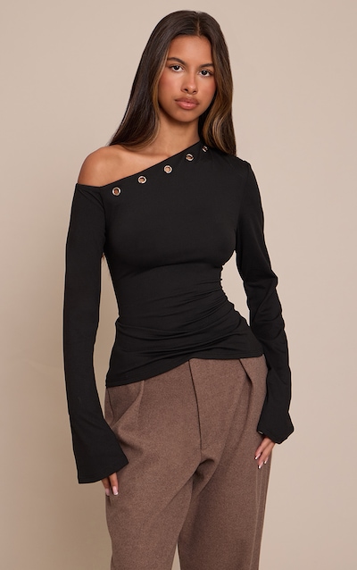Petite Black Eyelet Asymmetric Long Sleeve Top