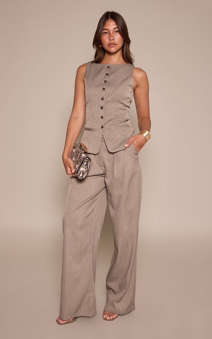 Taupe Tailored Woven Pleated Wide Leg Pants