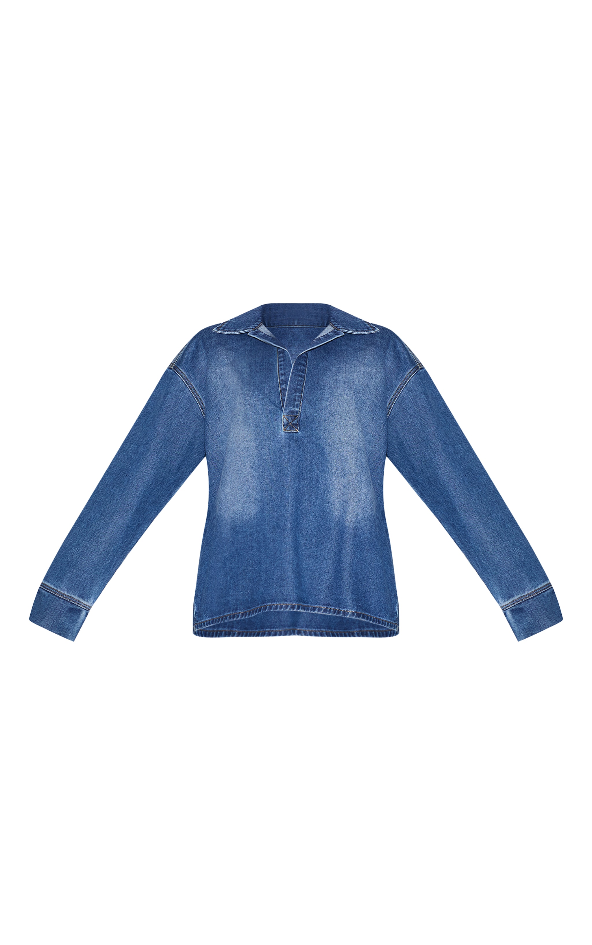 Mid Blue Wash Long Sleeve Oversized Denim Rugby Shirt image 5