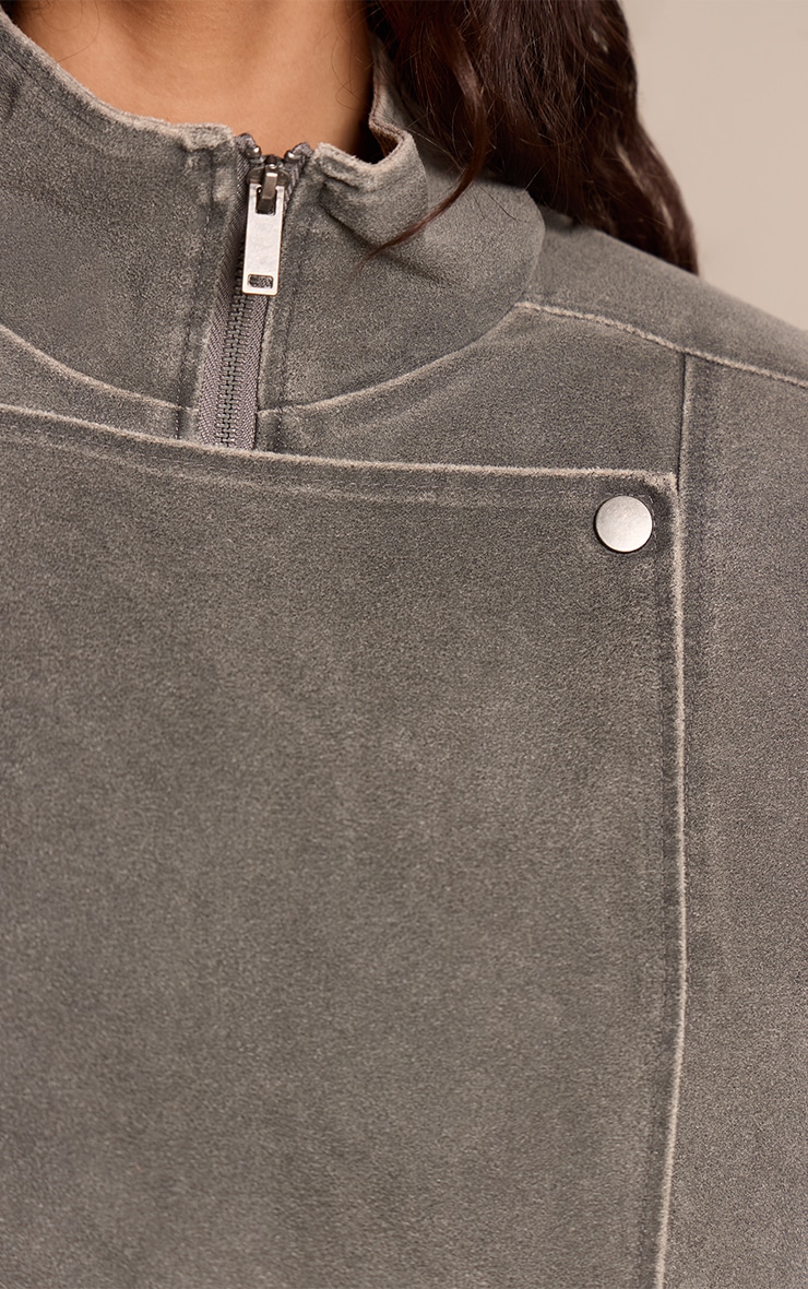 Grey Burnished Funnel Neck Low Belt Soft Suede Biker Jacket image 4
