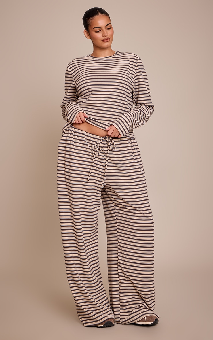 Plus Brown Striped Soft Fleece Straight Leg Sweatpants image 1