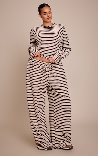 Plus Brown Striped Soft Fleece Straight Leg Joggers