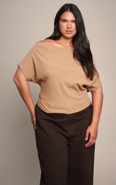 Plus Tan Thick Rib Asymmetric Slouchy Long Top