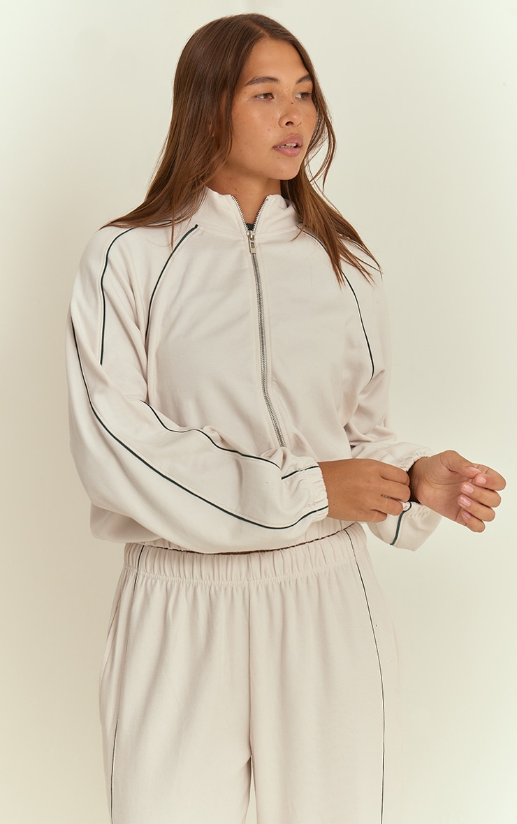 Cream Interlock Contrast Piping Bomber Sweatshirt image 1