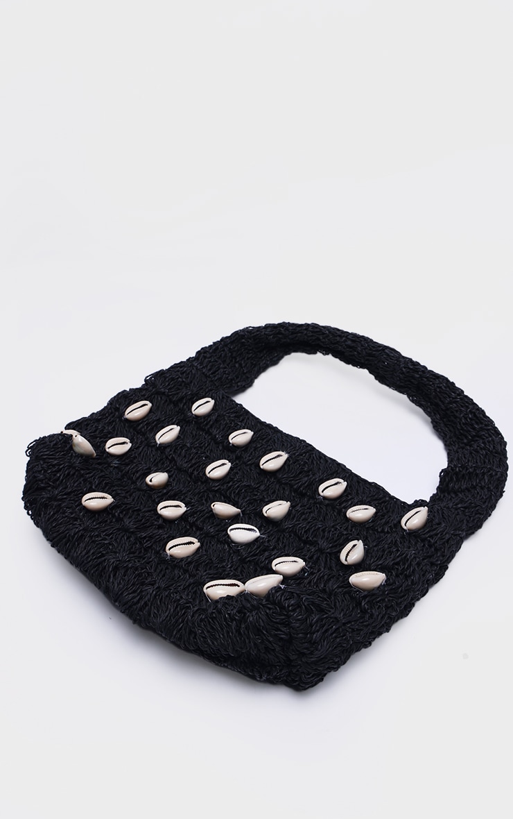 Black Raffia Shell Detail Beach Handbag image 3