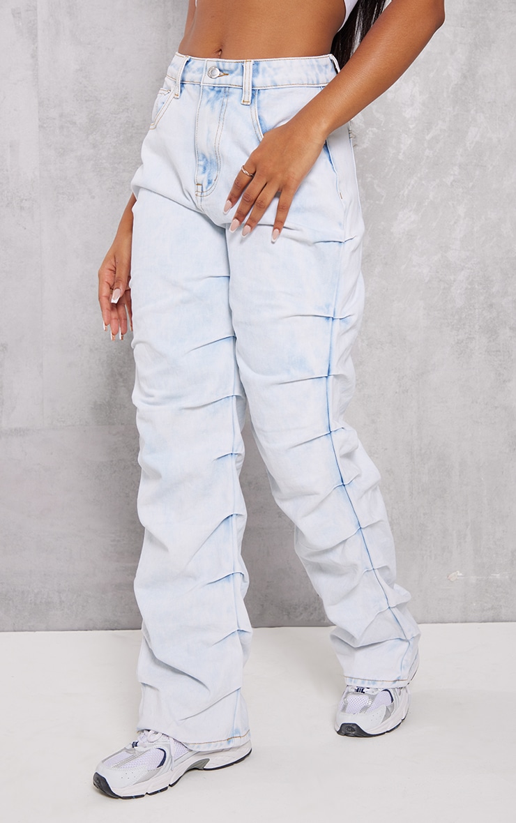 Light Blue Acid Wash Ruched Straight Leg Denim Jeans image 2