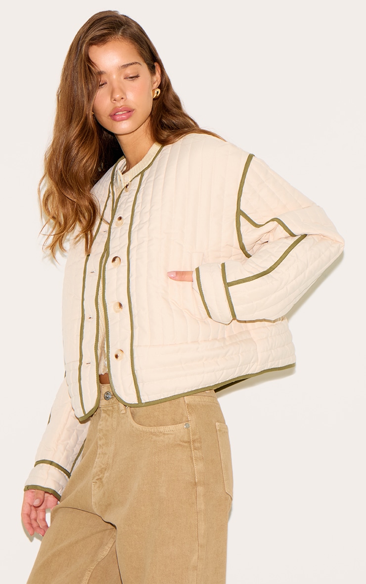 Cream Button Up Round Neck Quilted Jacket | Outerwear