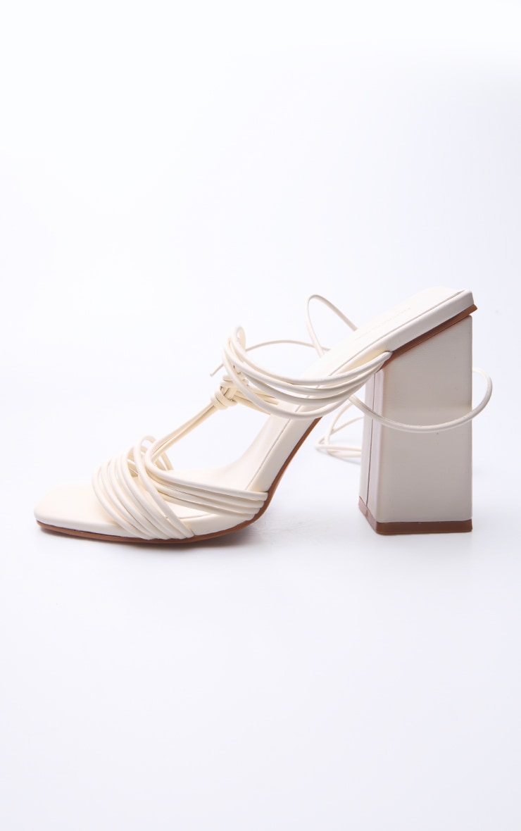 Cream PU Square Toe Strappy Lace Up Block Heeled Sandals image 4