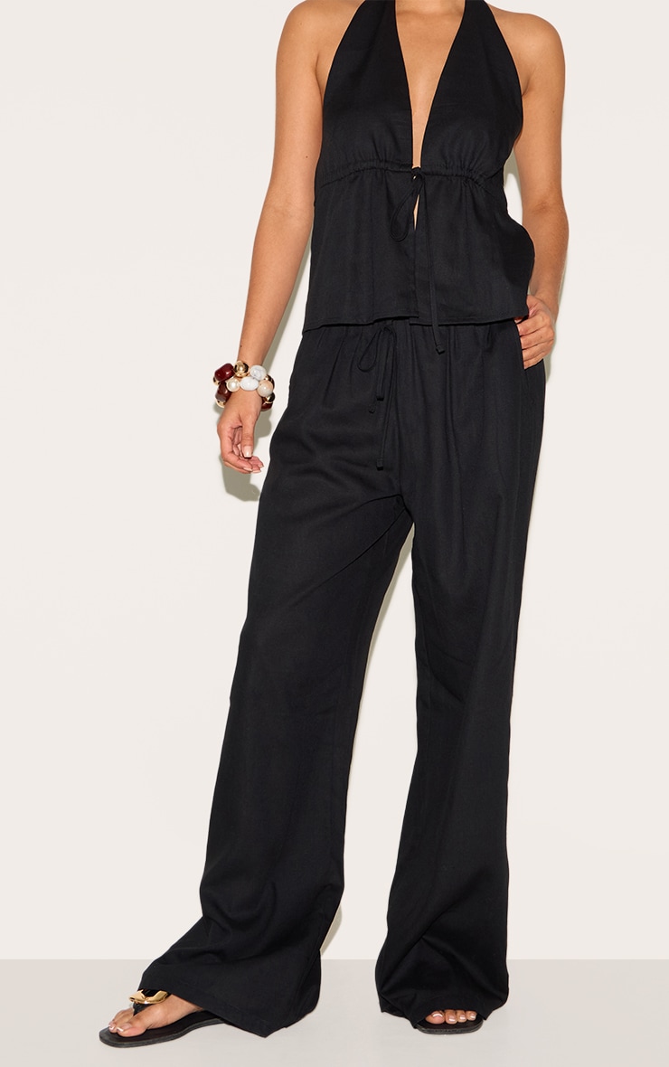 Black Linen Look Drawstring Wide Leg Pants image 2
