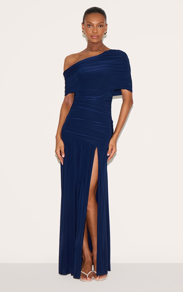 Navy Double Layer Slinky Bardot One Shoulder Ruched Maxi Dress image 1