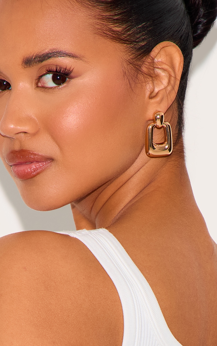Gold Chunky Rectangle Cut Out Statement Earrings image 3