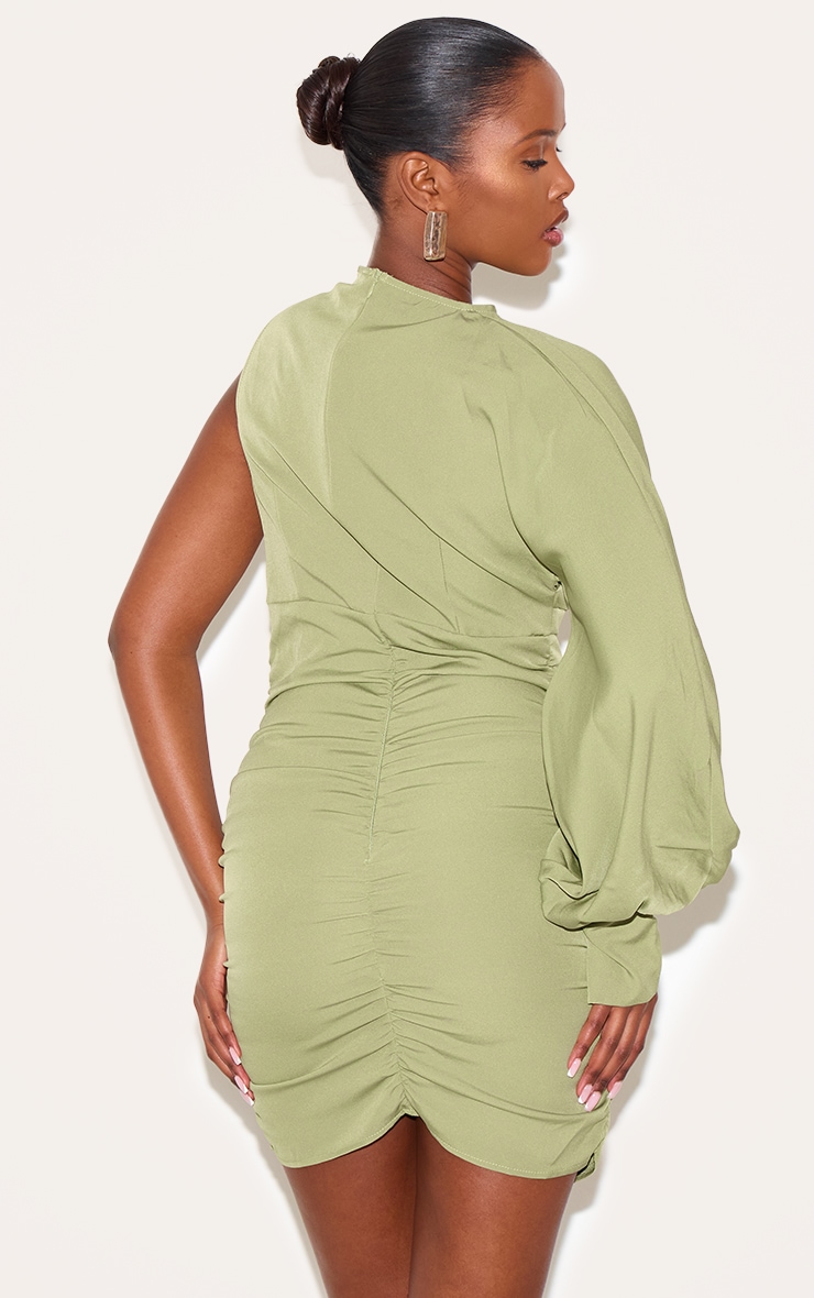 Sage Green One Sleeve Ruched Woven Bodycon Dress image 2