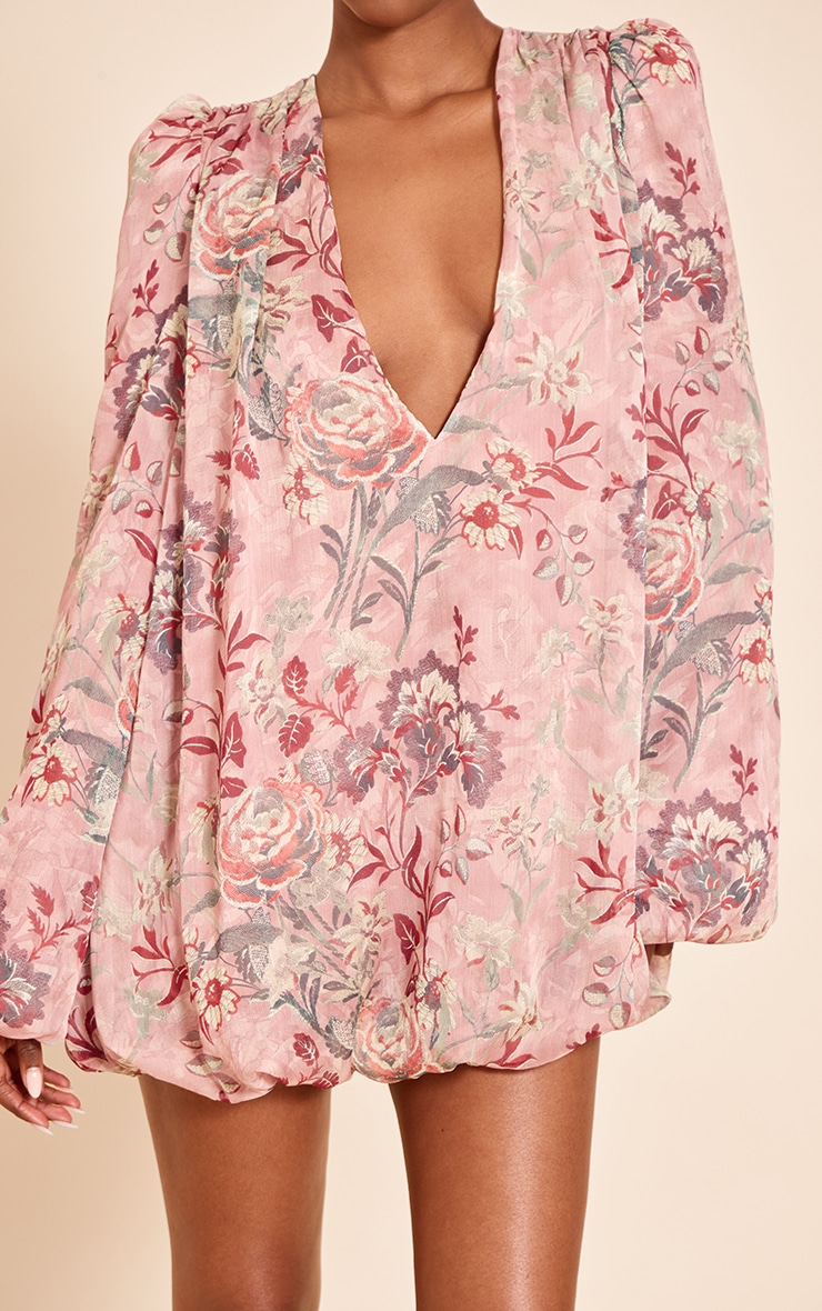 Blush Floral Print Plunge Puff Sleeve Shift Dress image 4