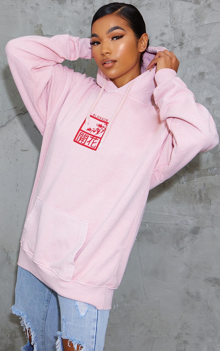 Pink Blossom Slogan Printed Washed Hoodie