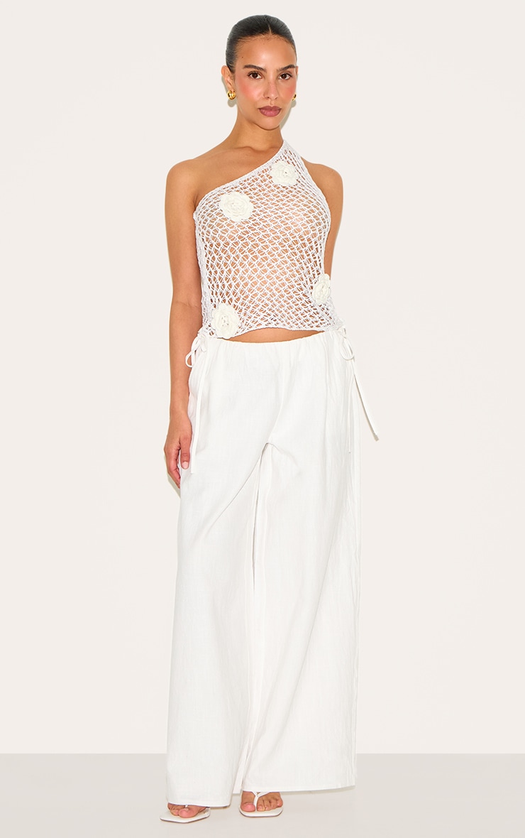 Petite White Premium Linen Look Wide Leg Side Tie Detail Pants image 2